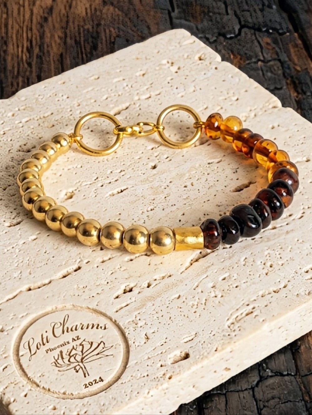 Natural Baltic Amber and Gold Beads In Assymetrical Half and Half Bracelet